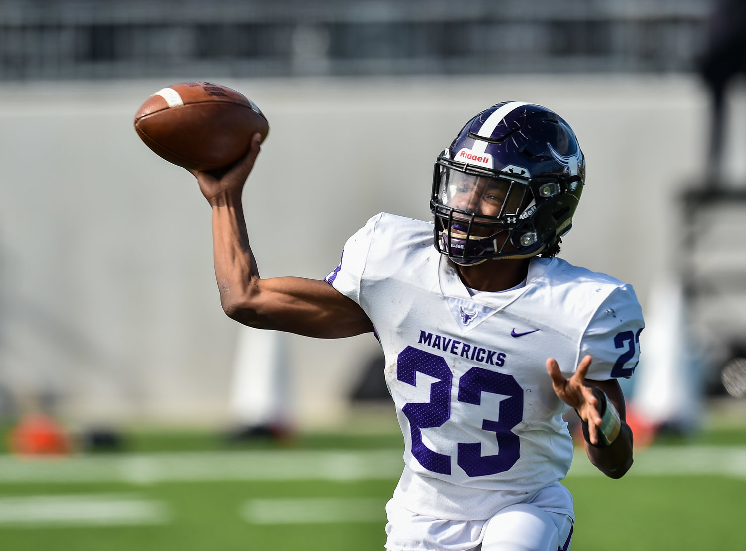 Katy Tx. - Nov 2, 2019: Morton Ranch's QB Jaymarcus Wilson (23) delivers a pass during a game with Seven Lakes Spartans and Morton Ranch Mavericks at Legacy Stadium in Katy Tx. (Photo by Mark Goodman / Katy Times)
