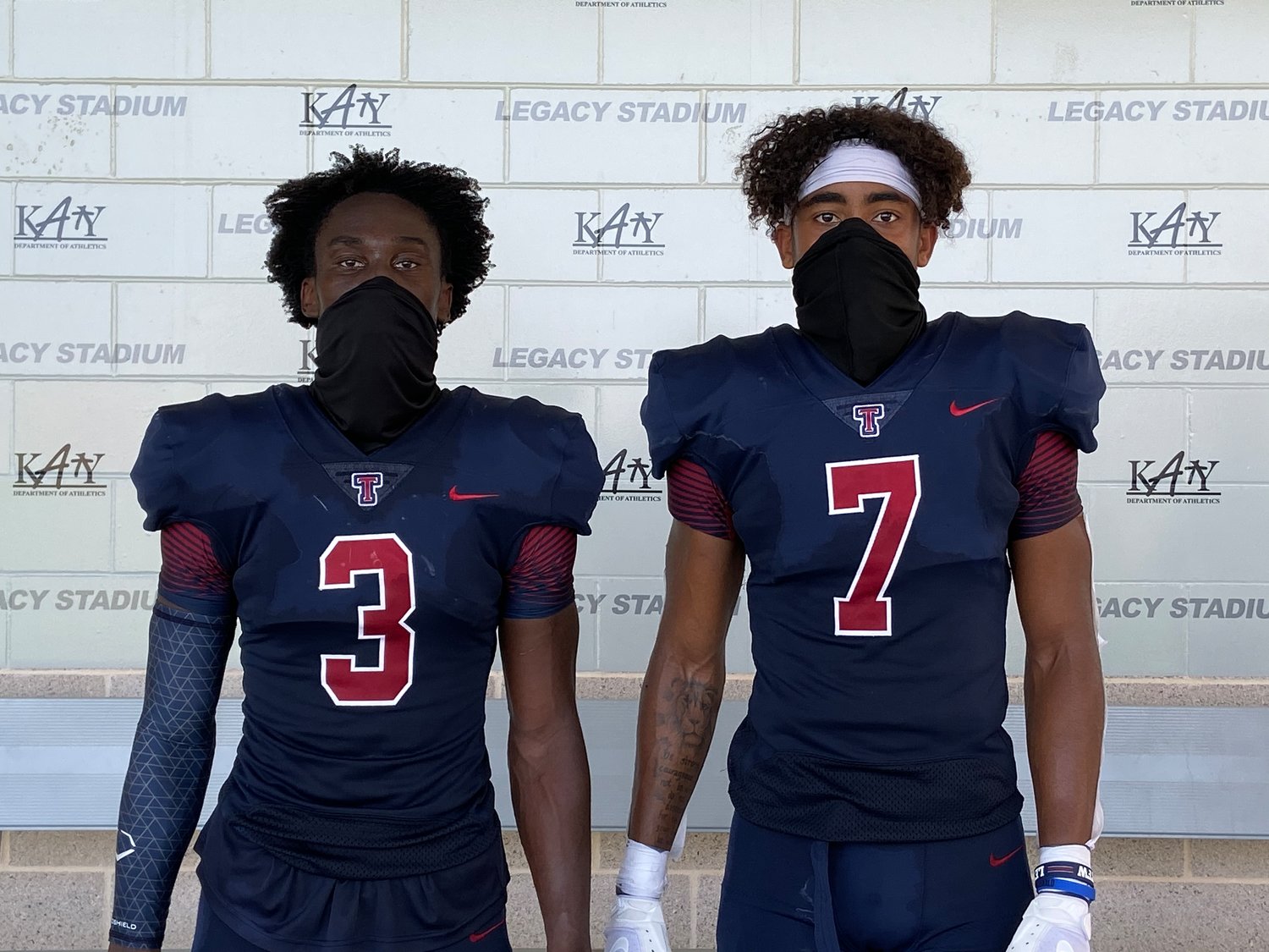 From left to right, Tompkins senior defensive back Temisan Alatan and senior defensive back Dru Polidore.