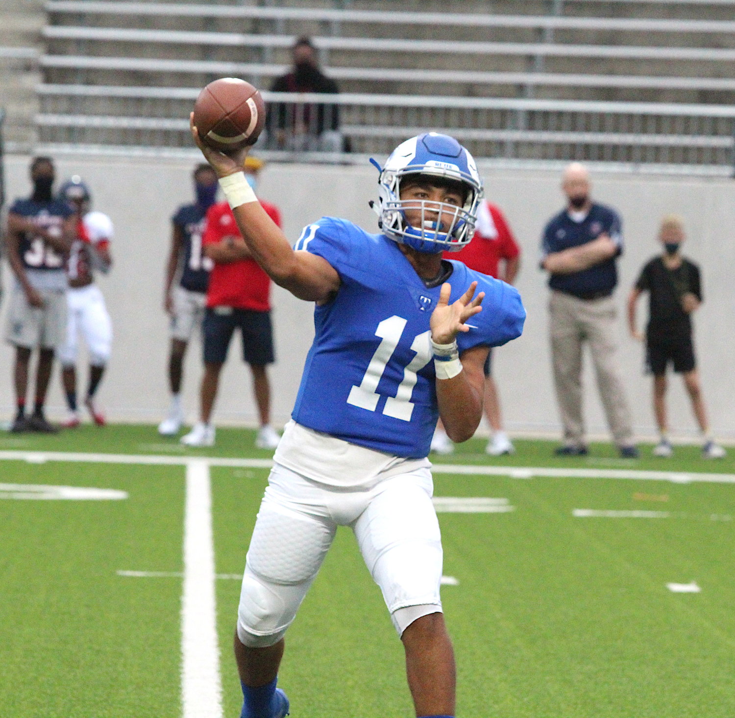Taylor senior quarterback J Jensen III completed 15 of 17 passes for 257 yards and two touchdowns and rushed for 34 yards and two more touchdowns in the Mustangs' 31-14 win over Morton Ranch on Oct. 10 at Legacy Stadium.