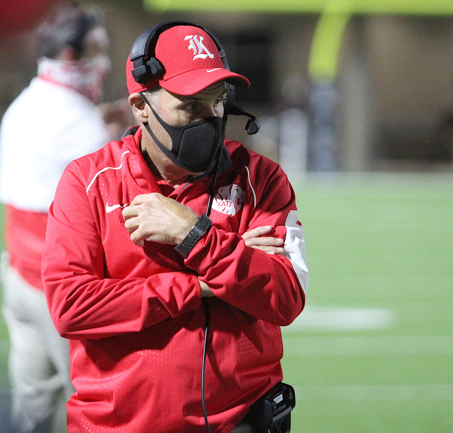 Katy coach Gary Joseph looks on during Thursday's game against Tompkins at Legacy Stadium. The Tigers' 24-19 loss snapped a 75-game district winning streak.