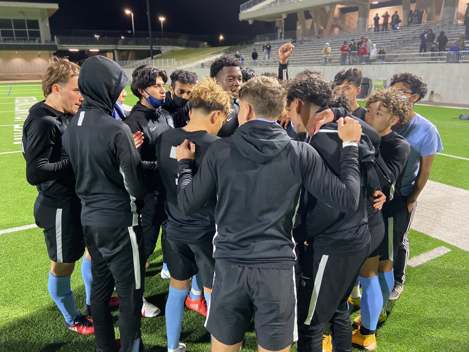 Paetow players gather to pray after their 2-1 win over A&M Consolidated on Friday, March 18, at Legacy Stadium. The win secured the District 19-5A boys soccer title for the second straight season.