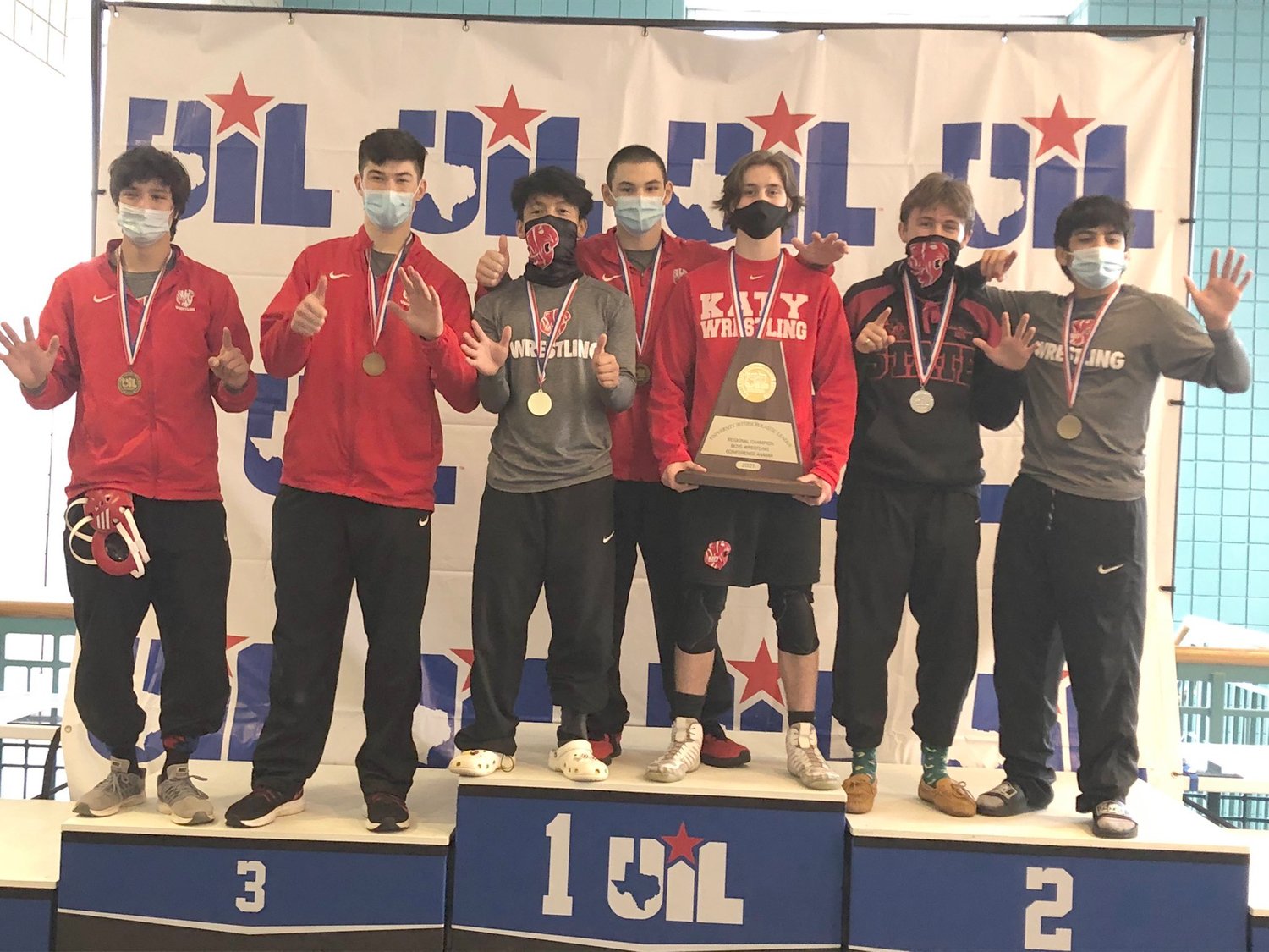 The Katy High boys won their sixth consecutive team regional wrestling title by scoring 145 points at the Class 6A Region III wrestling meet Saturday, April 17, at the Merrell Center. All seven Tiger boys wrestlers qualified for state.