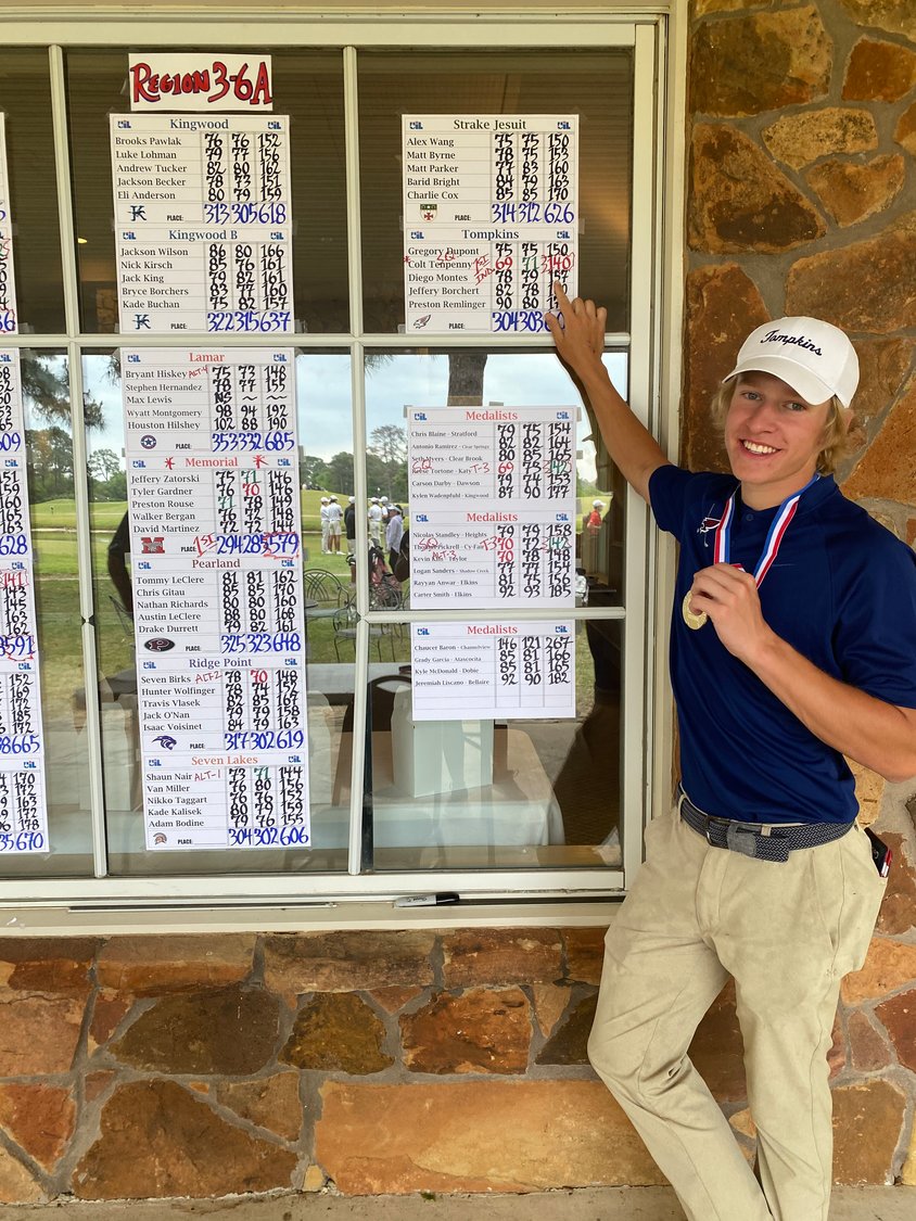 Tompkins junior Colt Tenpenny won the Region III-6A boys individual golf title after shooting a two-day score of 140 to become the Falcons’ first boys golf state qualifier.