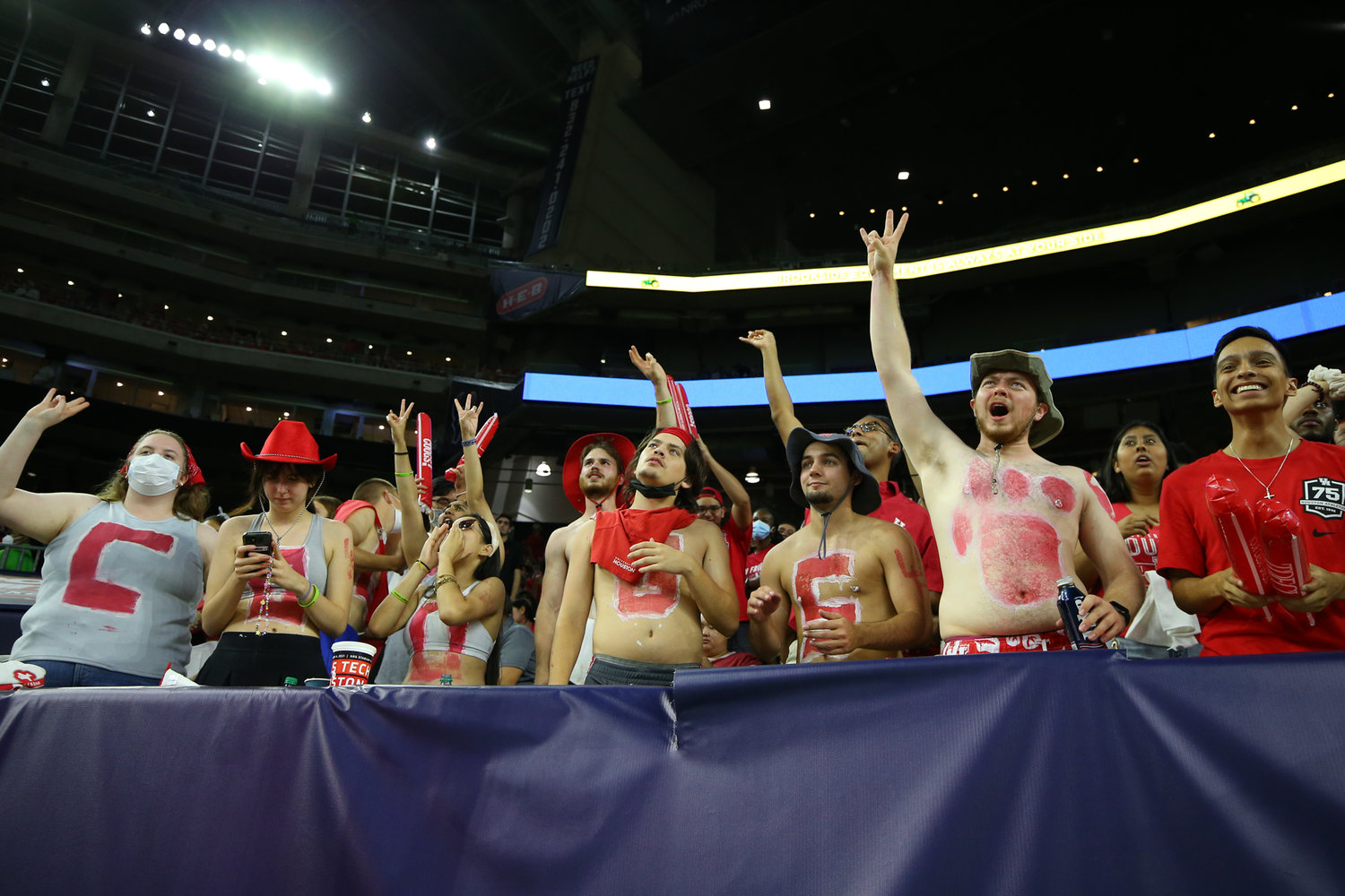 The Houston Cougars student section during an NCAA football game between Houston and Texas Tech on September 4, 2021 in Houston, Texas.