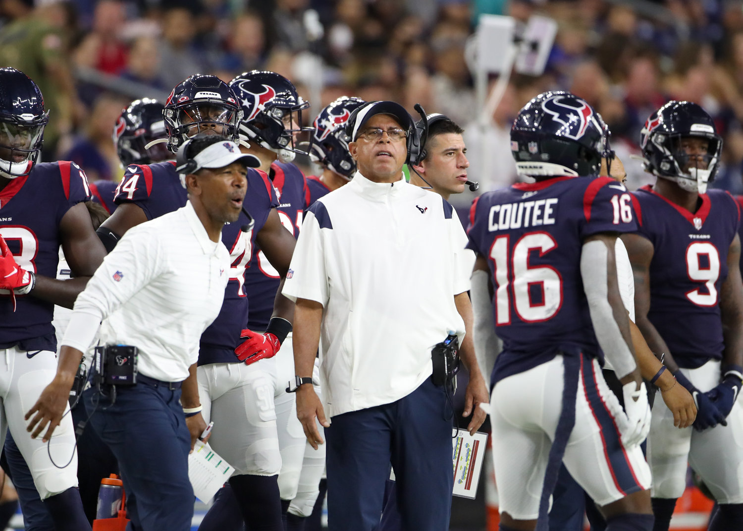 Houston Texans head coach David Culley during an NFL preseason game between the Houston Texans and the Tampa Bay Buccaneers on August 28, 2021 in Houston, Texas.