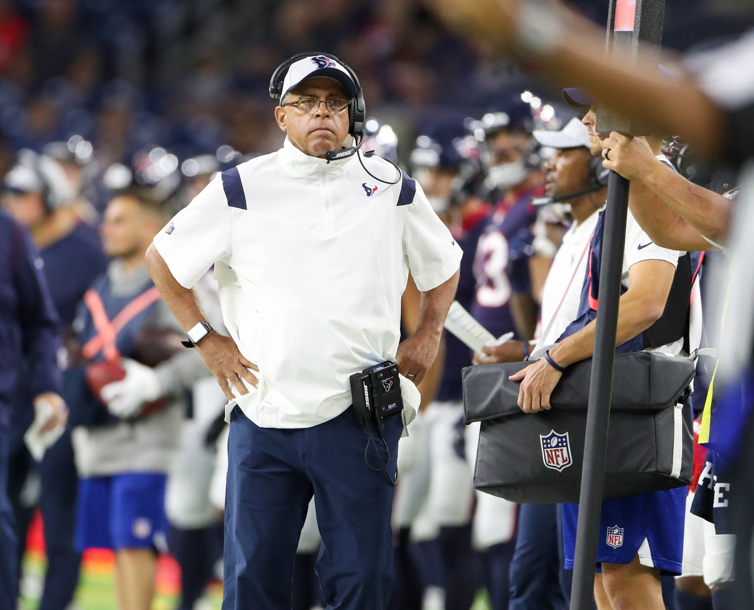 Houston Texans head coach David Culley during an NFL preseason game between the Houston Texans and the Tampa Bay Buccaneers on August 28, 2021 in Houston, Texas.