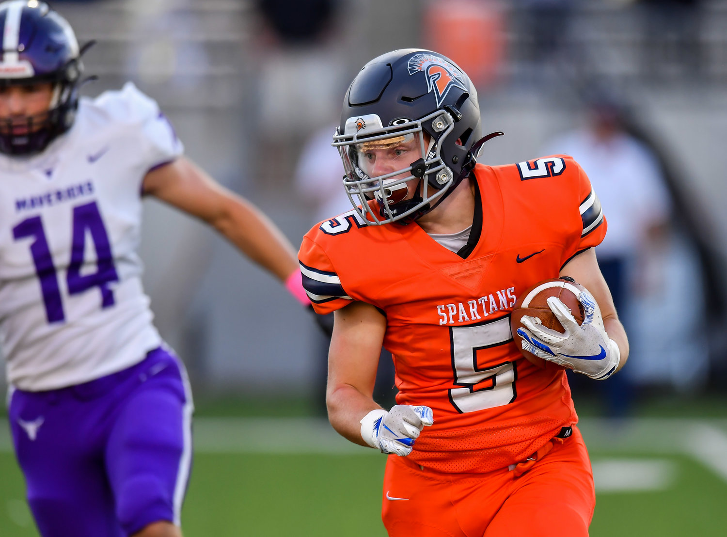 Katy, Tx. Oct 8, 2021: Seven Lakes Barrett Hudson #5 carries the ball during a District 19-6A game between Seven Lakes and Morton Ranch at Legacy Stadium in Katy. (Photo by Mark Goodman / Katy Times)