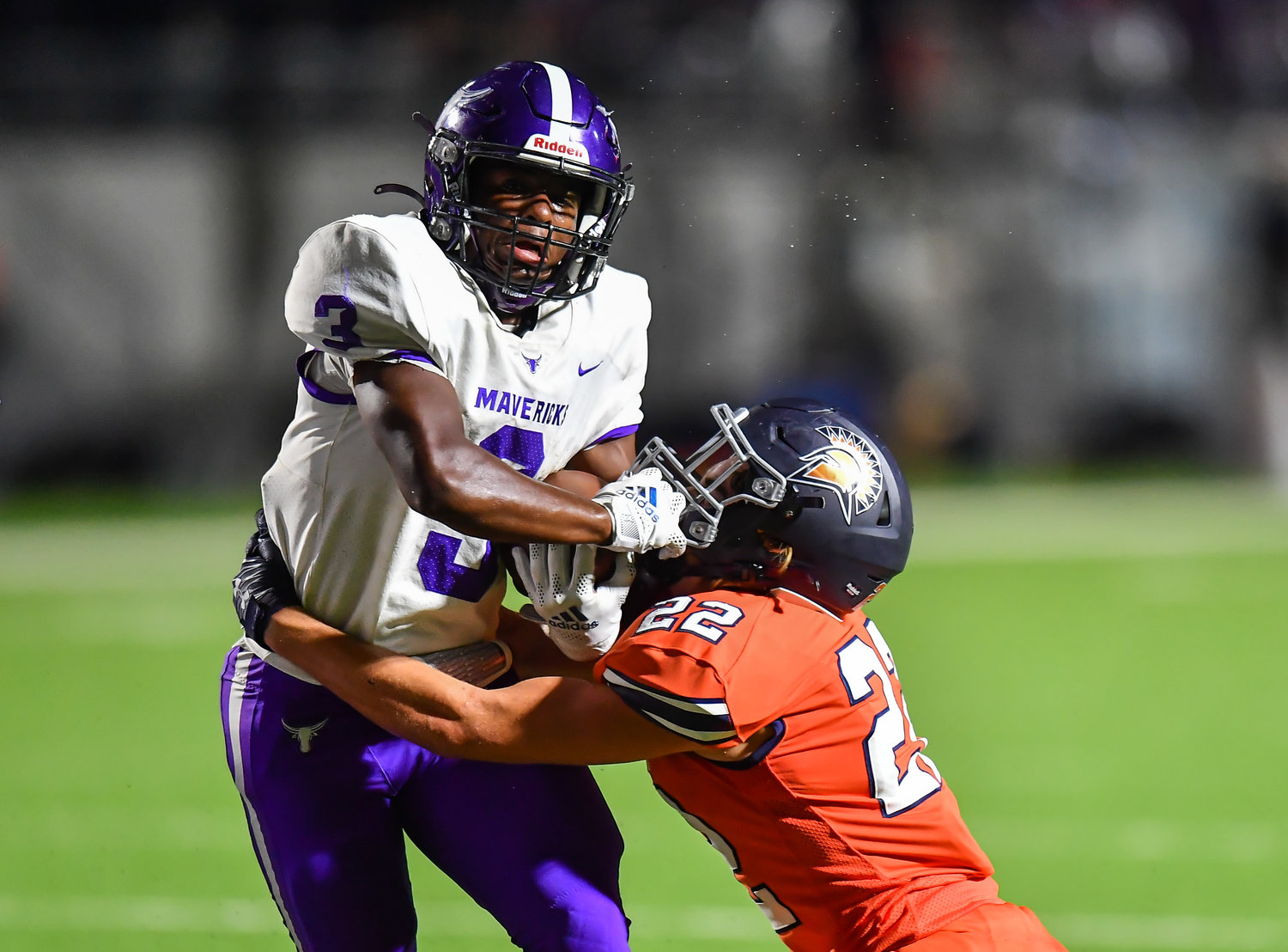 Katy, Tx. Oct. 8, 2021: Seven Lakes Bryce Turner #22 stops Morton Ranchs Santana Scott #3 short of the goal line during the third quarter of a District 19-6A game between Seven Lakes and Morton Ranch at Legacy Stadium in Katy. (Photo by Mark Goodman / Katy Times)