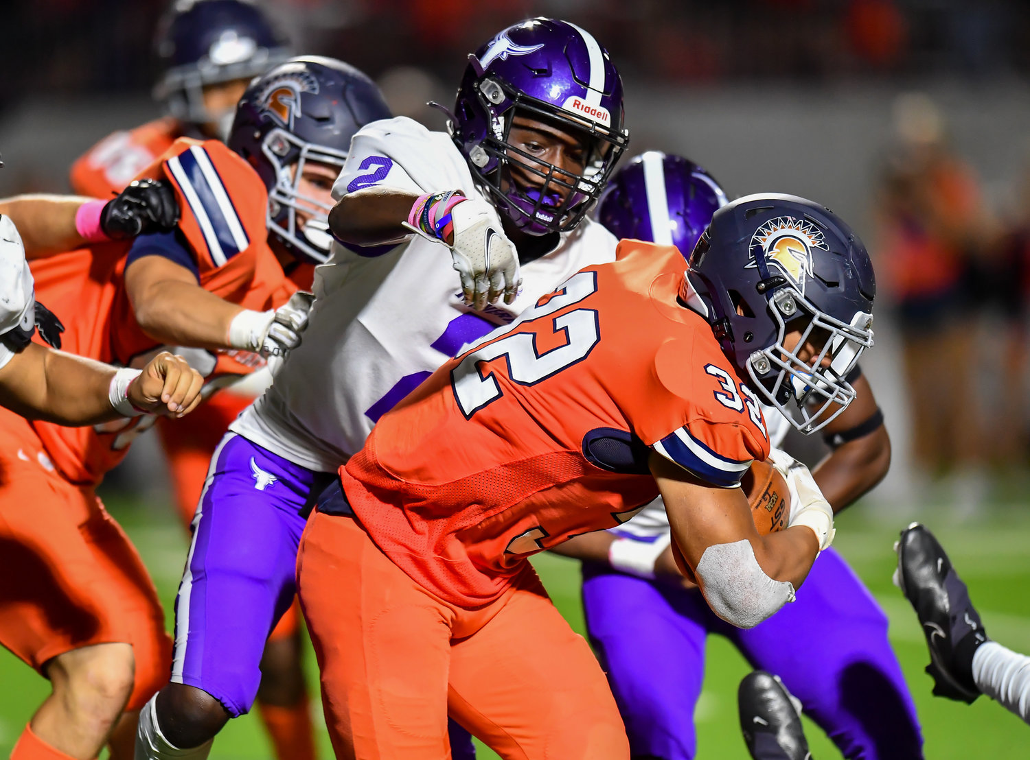 Katy, Tx. Oct. 8, 2021: Morton Ranchs Marcus Jackson #2 makes the tackle on Seven Lakes Michael Amico #32 during a District 19-6A game between Seven Lakes and Morton Ranch at Legacy Stadium in Katy. (Photo by Mark Goodman / Katy Times)