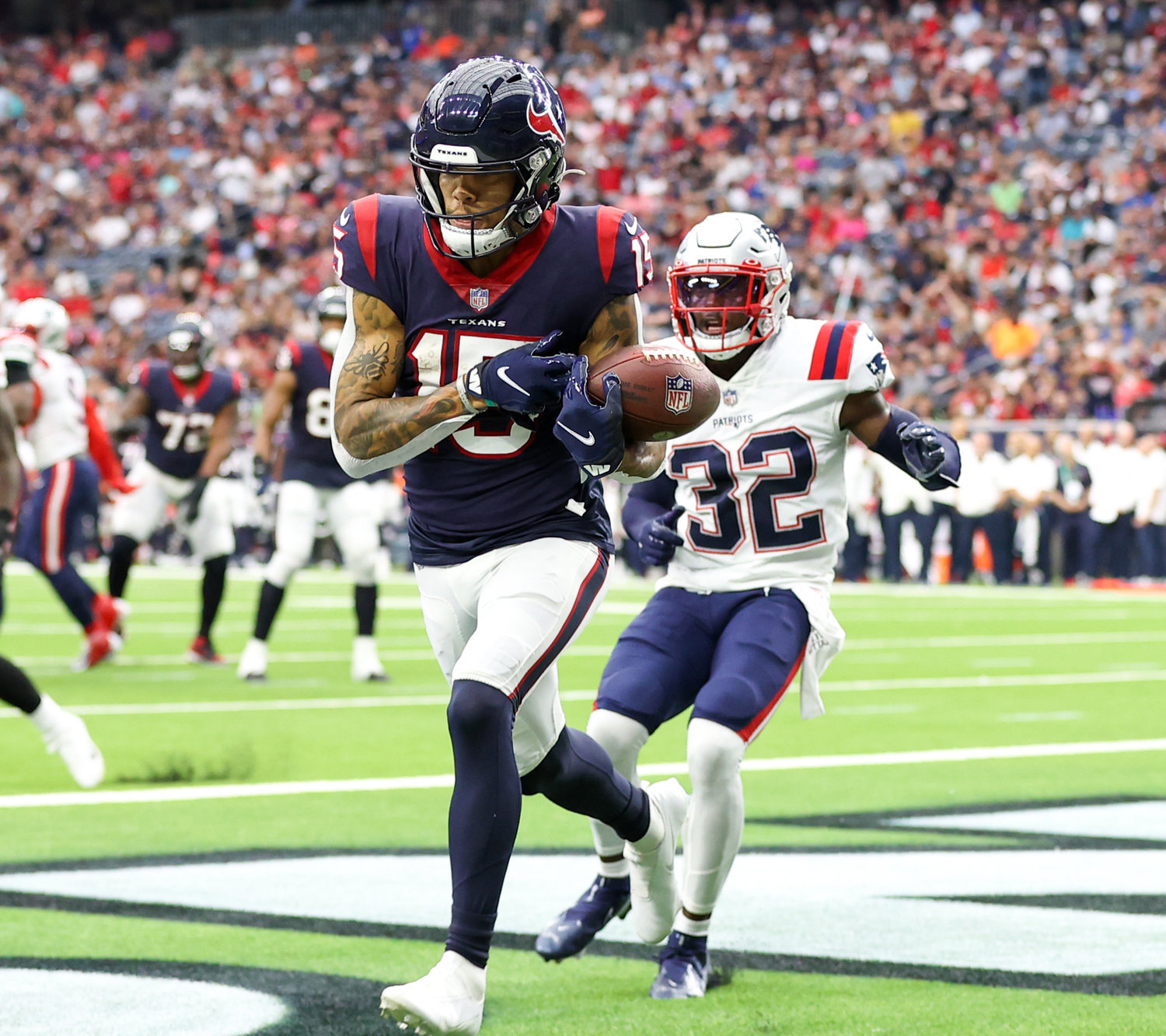 Houston Texans wide receiver Chris Moore (15) drops a would-be touchdown pass during an NFL game between Houston and New England on October 10, 2021 in Houston, Texas. The Patriots won 25-22.