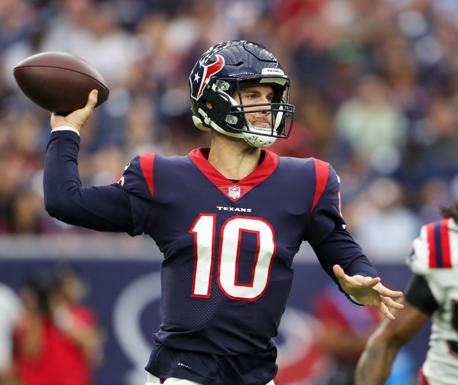 Houston Texans quarterback Davis Mills (10) passes the ball during an NFL game between Houston and New England on October 10, 2021 in Houston, Texas. The Patriots won 25-22.