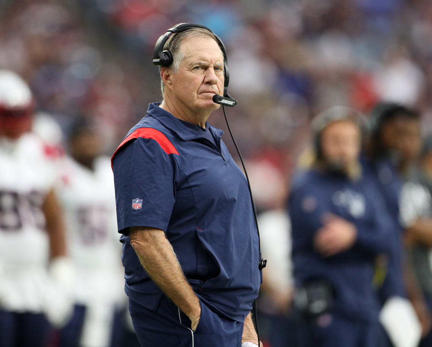 New England Patriots head coach Bill Belichick during an NFL game between Houston and New England on October 10, 2021 in Houston, Texas. The Patriots won 25-22.