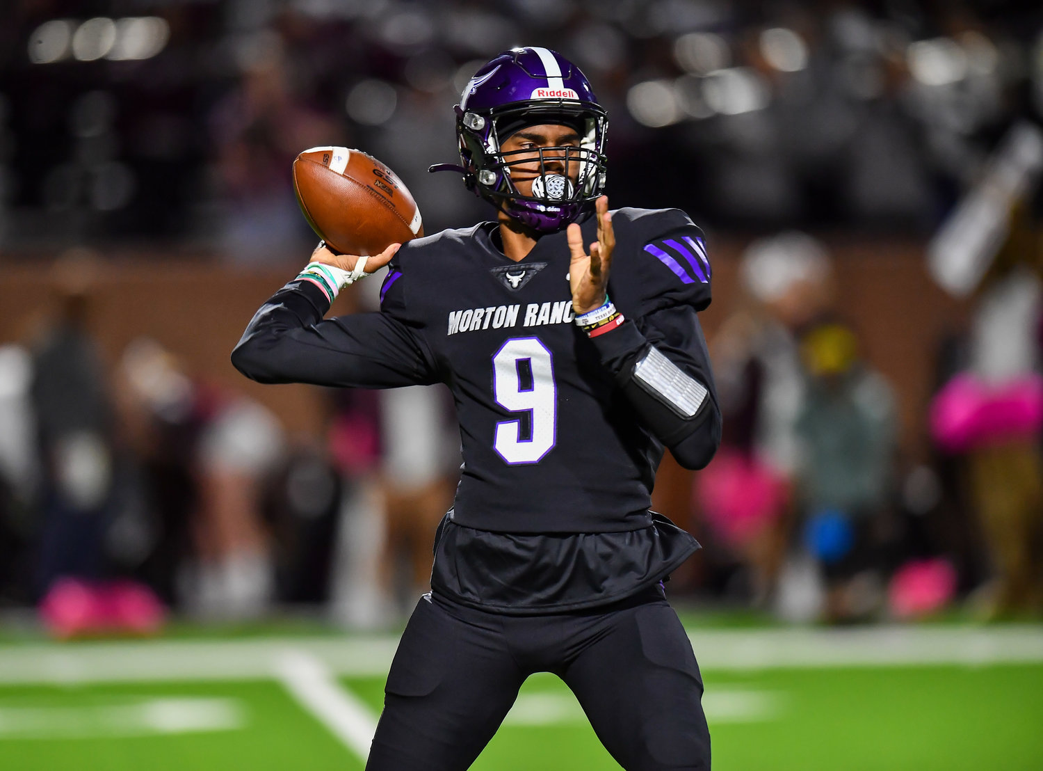 Katy, Tx. Oct. 29, 2021: Morton Ranch's QB Joshua Johnson #9 delivers a pass during a conference game between Cinco Ranch and Morton Ranch at Rhodes Stadium in Katy. (Photo by Mark Goodman / Katy Times)