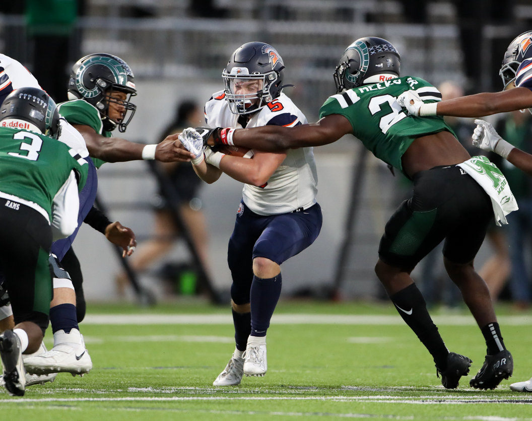 Seven Lakes Spartans running back Barrett Hudson (5) carries the during a high school football game between Mayde Creek and Seven Lakes on October 29, 2021 in Katy, Texas. Seven Lakes won, 50-10.