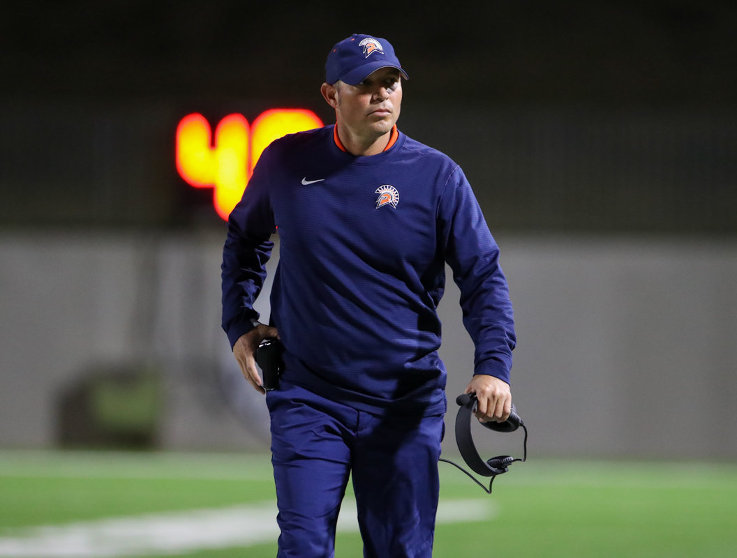 Seven Lakes Spartans head coach Jimmy Hamon during a high school football game between Mayde Creek and Seven Lakes on October 29, 2021 in Katy, Texas. Seven Lakes won, 50-10.