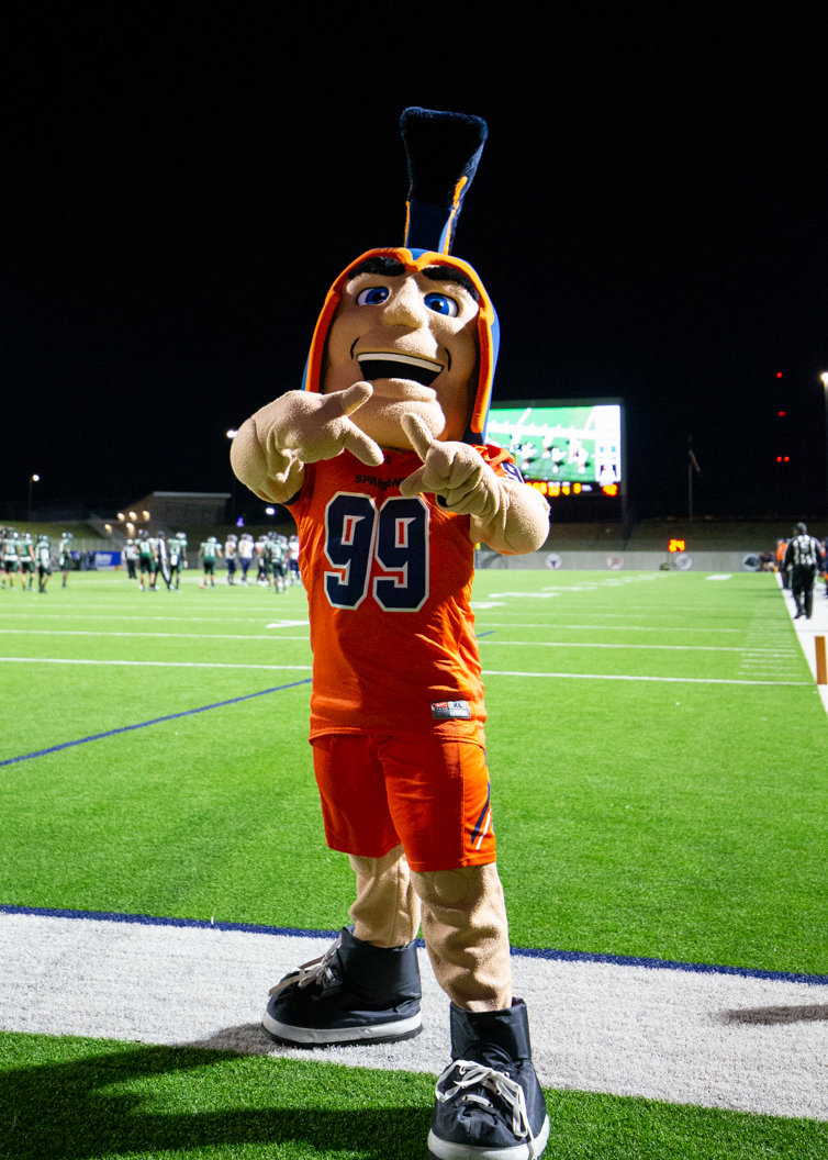The Seven Lakes Spartans mascot during a high school football game between Mayde Creek and Seven Lakes on October 29, 2021 in Katy, Texas. Seven Lakes won, 50-10.