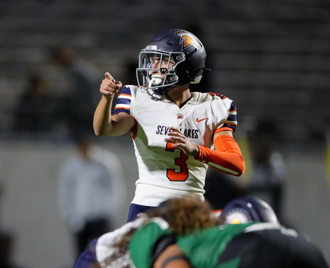 Seven Lakes Spartans quarterback Grayson Medford (3) before a snap during a high school football game between Mayde Creek and Seven Lakes on October 29, 2021 in Katy, Texas. Seven Lakes won, 50-10.