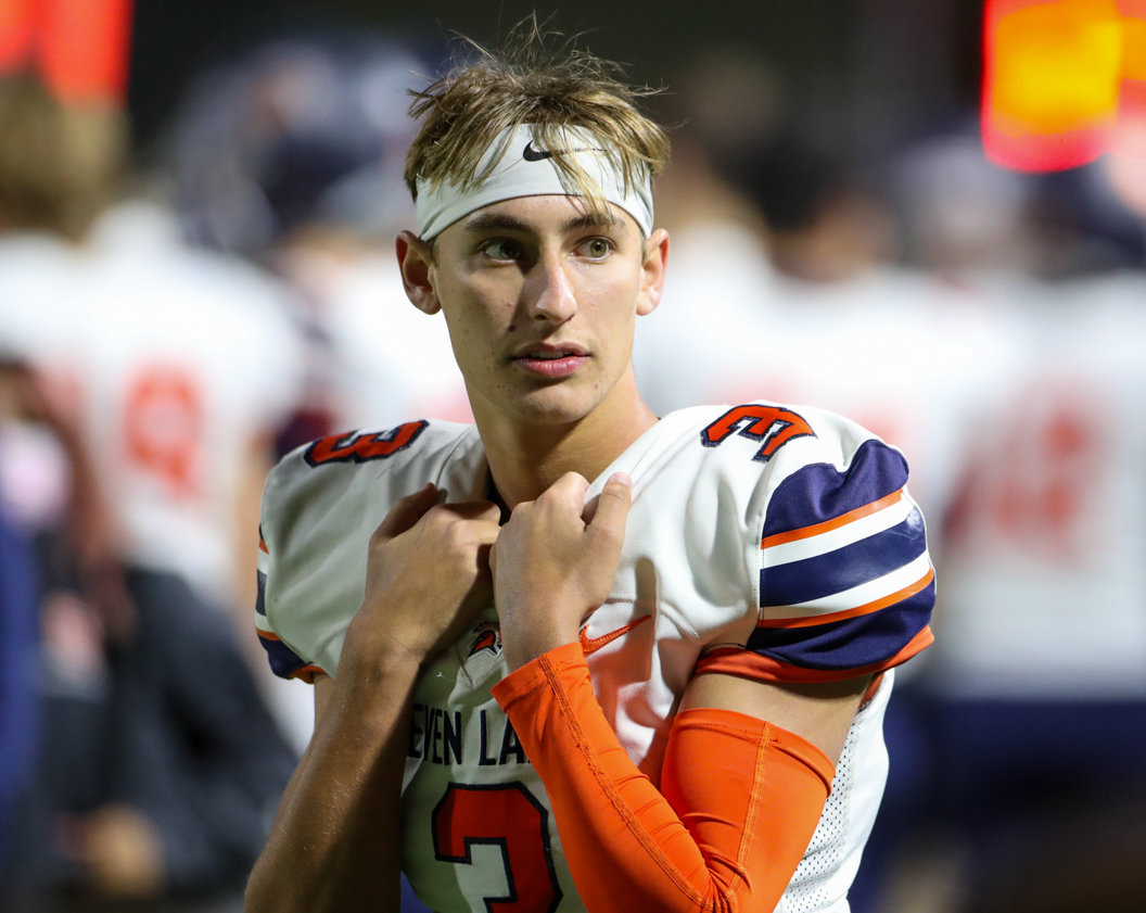 Seven Lakes Spartans wide receiver quarterback (3) on the sideline in the fourth quarter of a high school football game between Mayde Creek and Seven Lakes on October 29, 2021 in Katy, Texas. Seven Lakes won, 50-10.