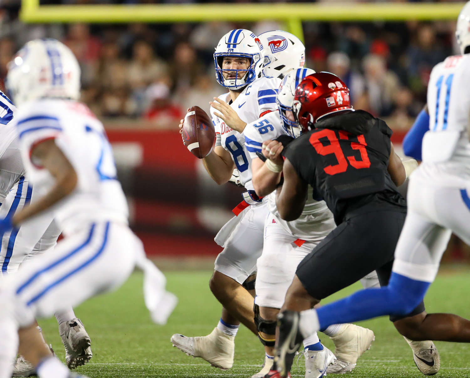 SMU Mustangs quarterback Tanner Mordecai (8) looks to pass during an NCAA football game between Houston and SMU on October 30, 2021 in Houston, Texas.
