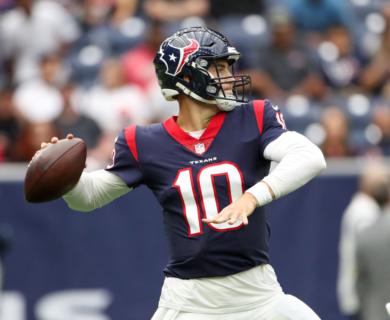 Houston Texans quarterback Davis Mills (10) passes the ball during an NFL game between Houston and the Los Angeles Rams on October 31, 2021 in Houston, Texas.