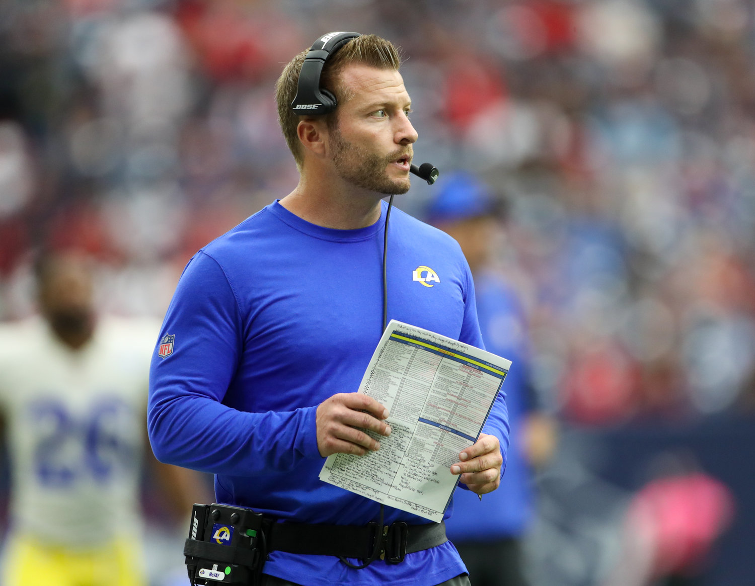Los Angeles Rams head coach Sean McVay during an NFL game between Houston and the Los Angeles Rams on October 31, 2021 in Houston, Texas.