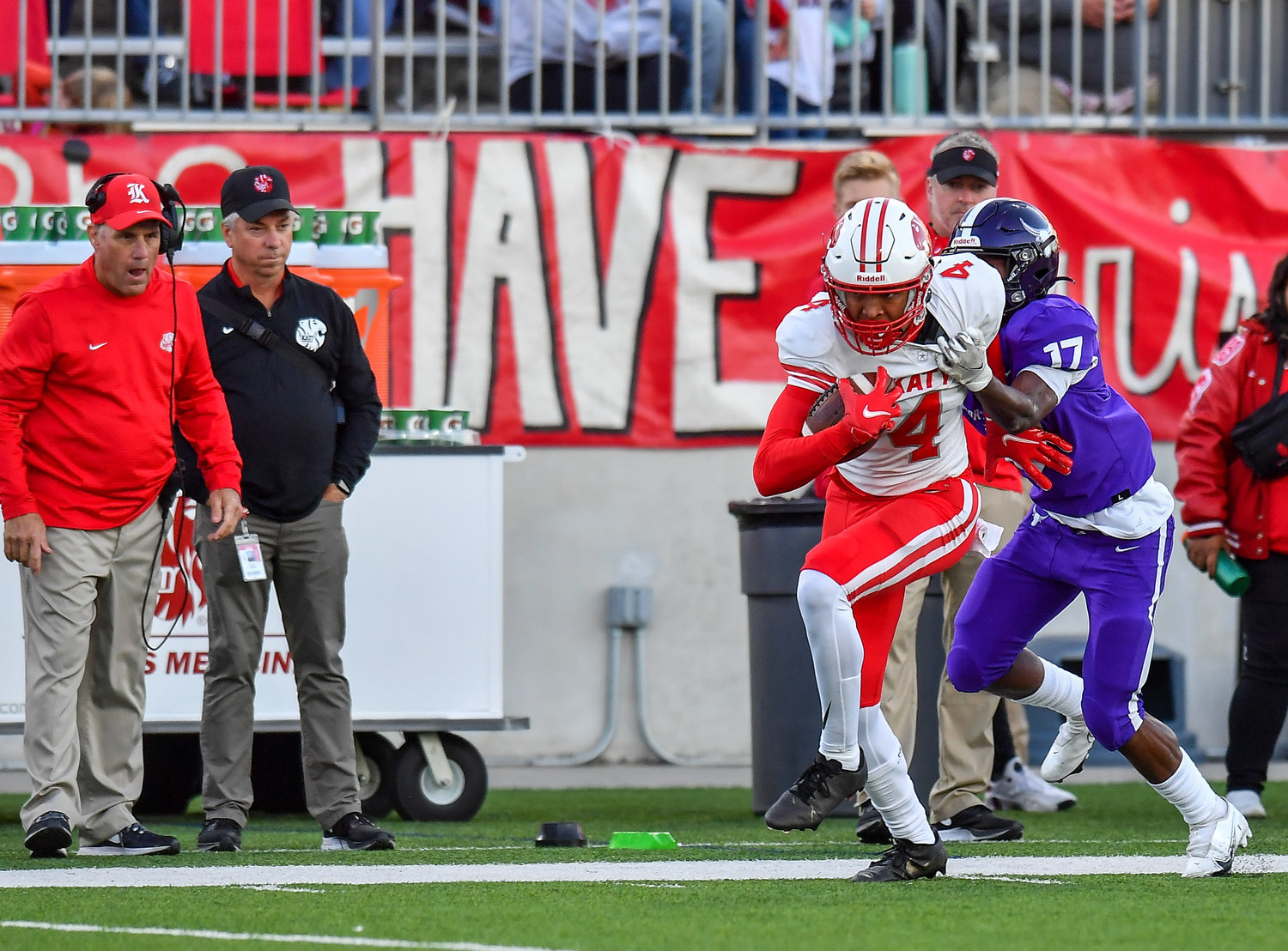 Katy, Tx. Nov 5, 2021: Katy's Nic Anderson #4 makes the reception to the outside before being brought down by Morton Ranch's Vontez Hood #17 during a conference game between Katy and Morton Ranch at Legacy Stadium in Katy. (Photo by Mark Goodman / Katy Times)