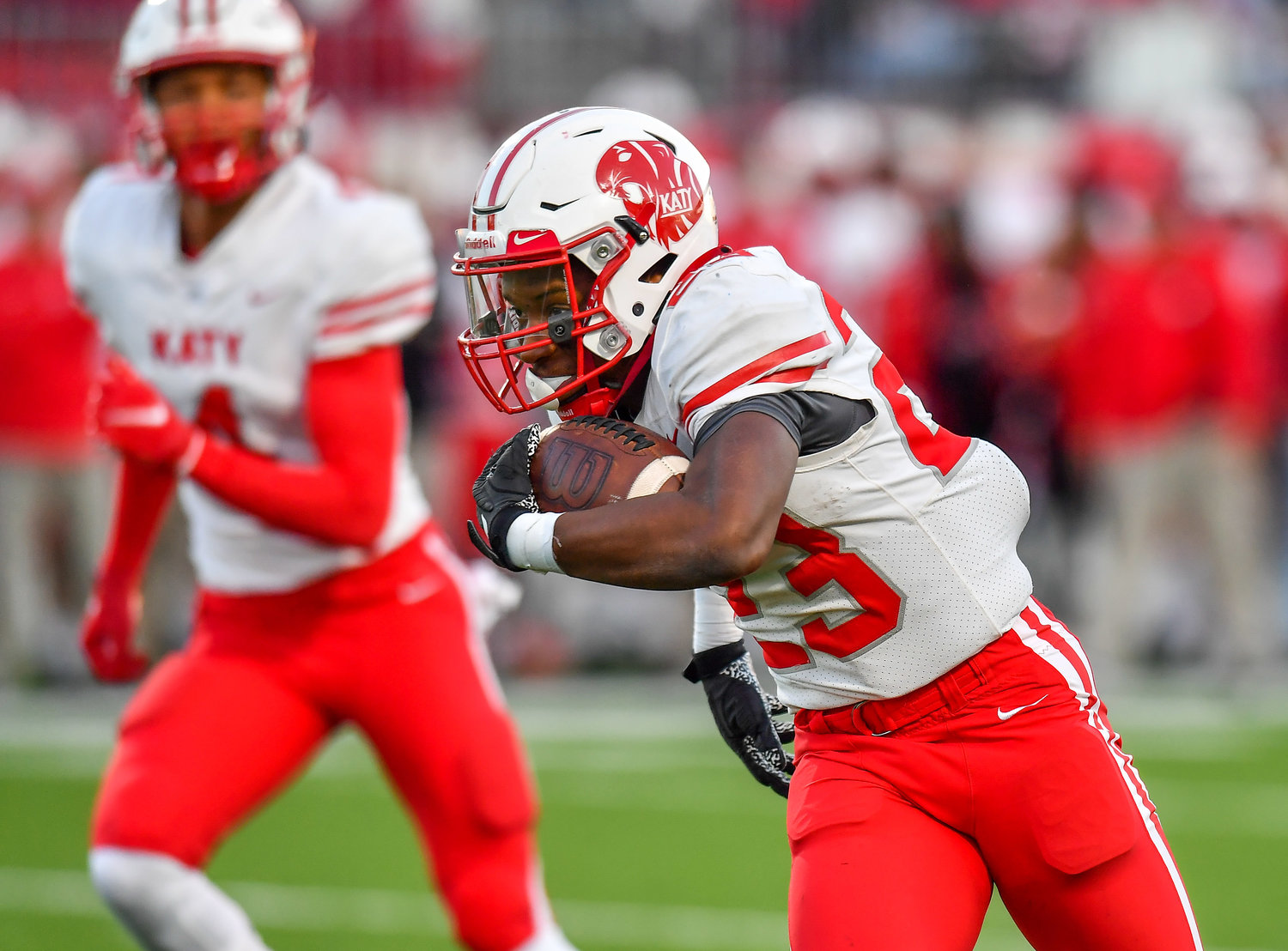 Katy, Tx. Nov 5, 2021: Katy's Seth Davis #23 rushes in for a TD during the first half of a conference game between Katy and Morton Ranch at Legacy in Katy. (Photo by Mark Goodman / Katy Times)