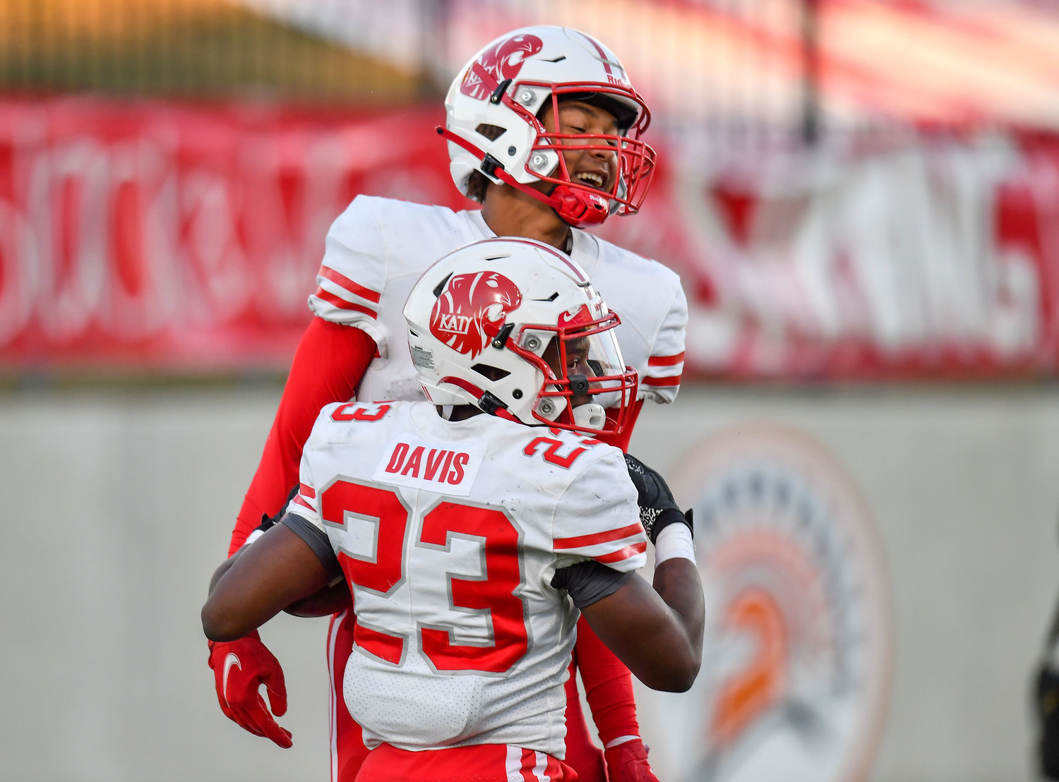 Katy, Tx. Nov 5, 2021, 2021: Katy's  Seth Davis #23 celebrates a TD with team mate Nic Anderson #4 during a conference game between Katy and Morton Ranch at Legacy Stadium in Katy. (Photo by Mark Goodman / Katy Times)