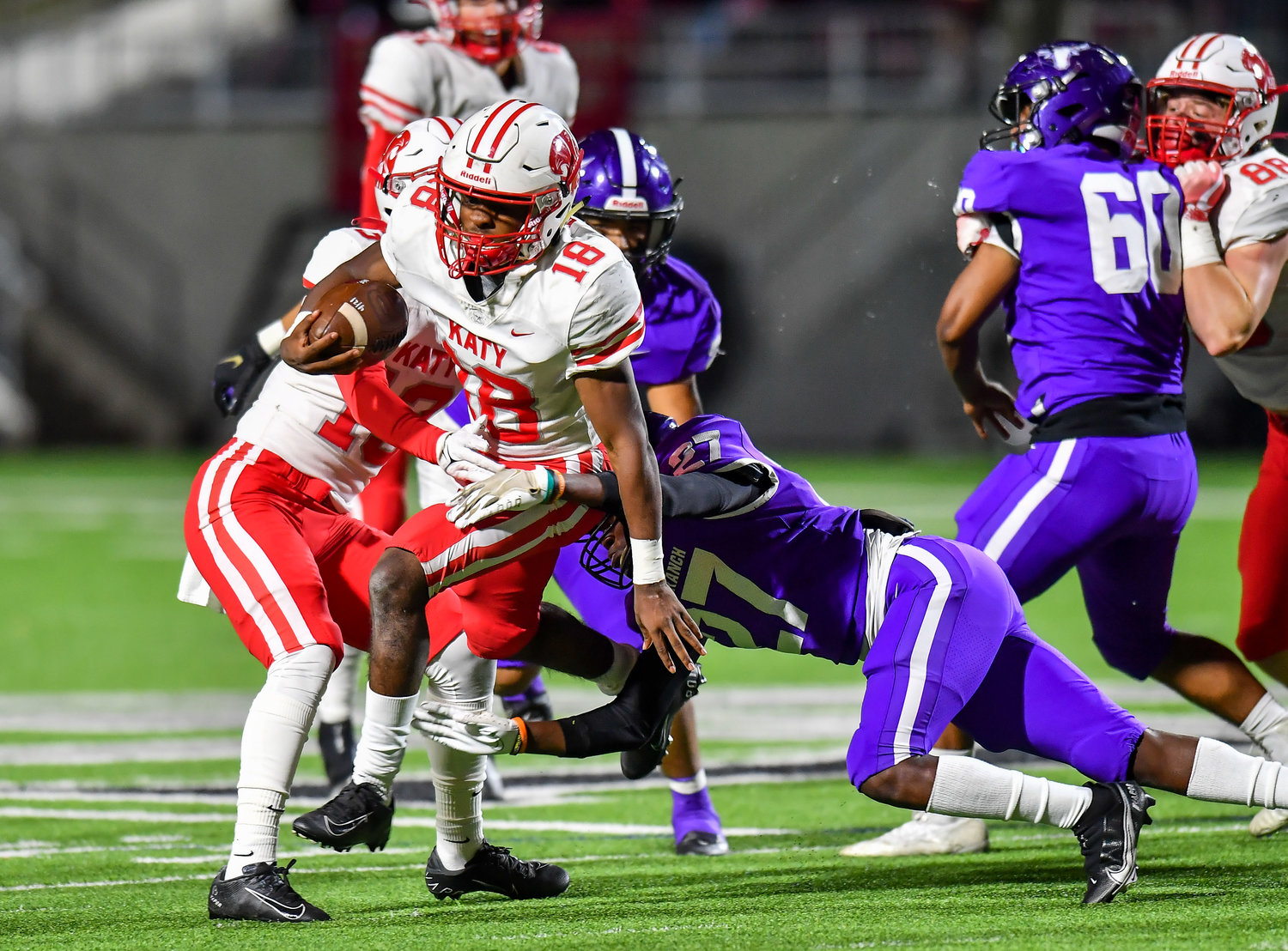 Katy, Tx. Nov 5, 2021: Katy's Dallas Glass #18 rushes up the middle during a conference game between Katy and Morton Ranch at Legacy in Katy. (Photo by Mark Goodman / Katy Times)
