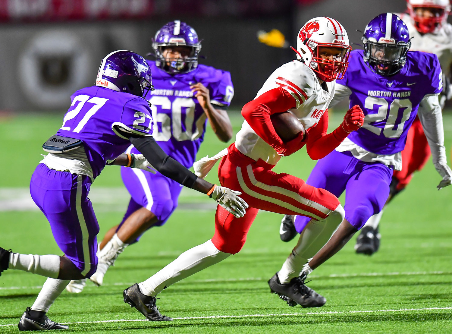 Katy, Tx. Nov 5, 2021: Katy's Nic Anderson #4 carries the ball during a conference game between Katy and Morton Ranch at Legacy Stadium in Katy. (Photo by Mark Goodman / Katy Times)