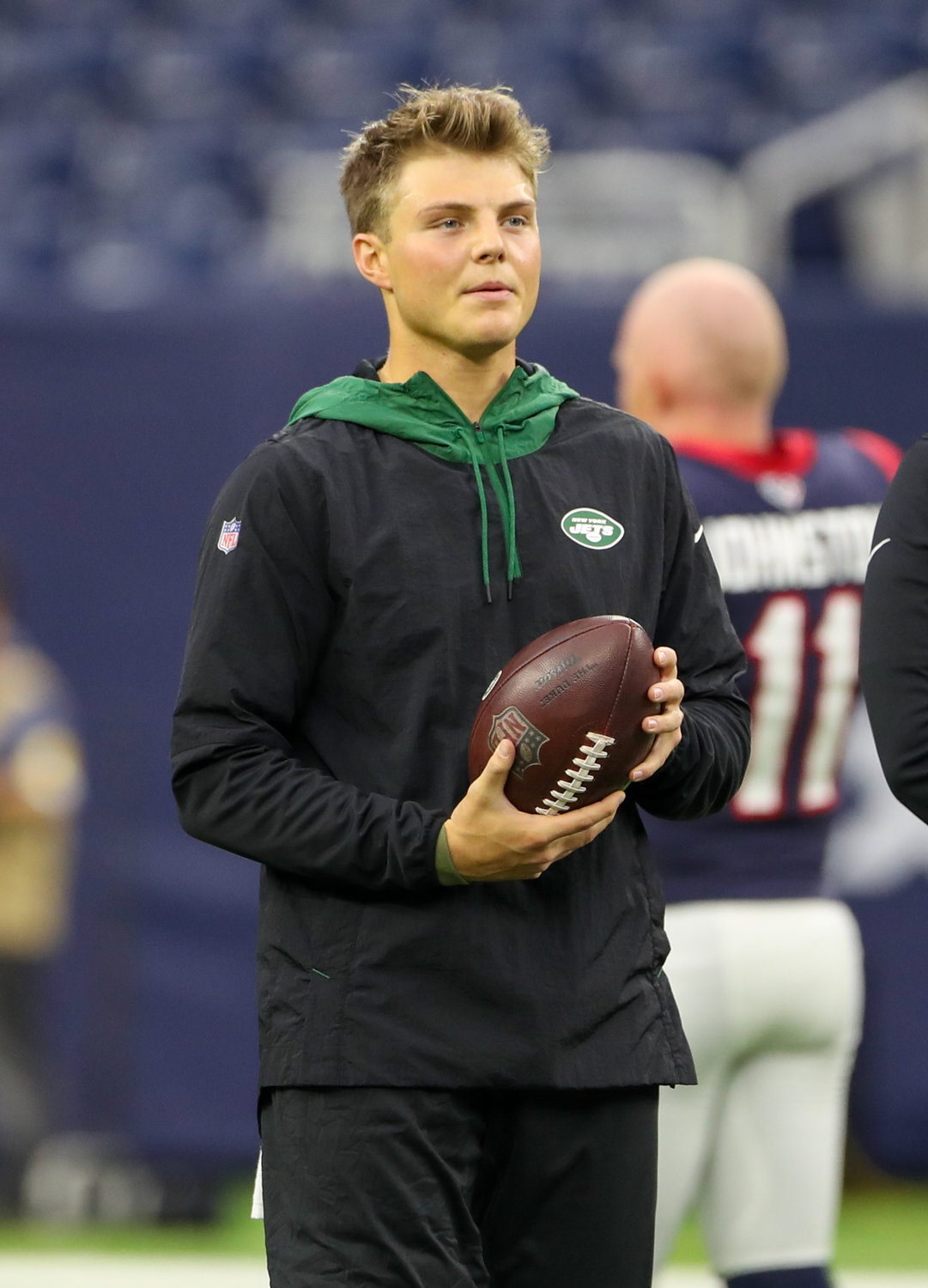 New York Jets quarterback Zach Wilson (2) during pregame warmups before an NFL game between the Houston Texans and the New York Jets on November 28, 2021 in Houston, Texas.