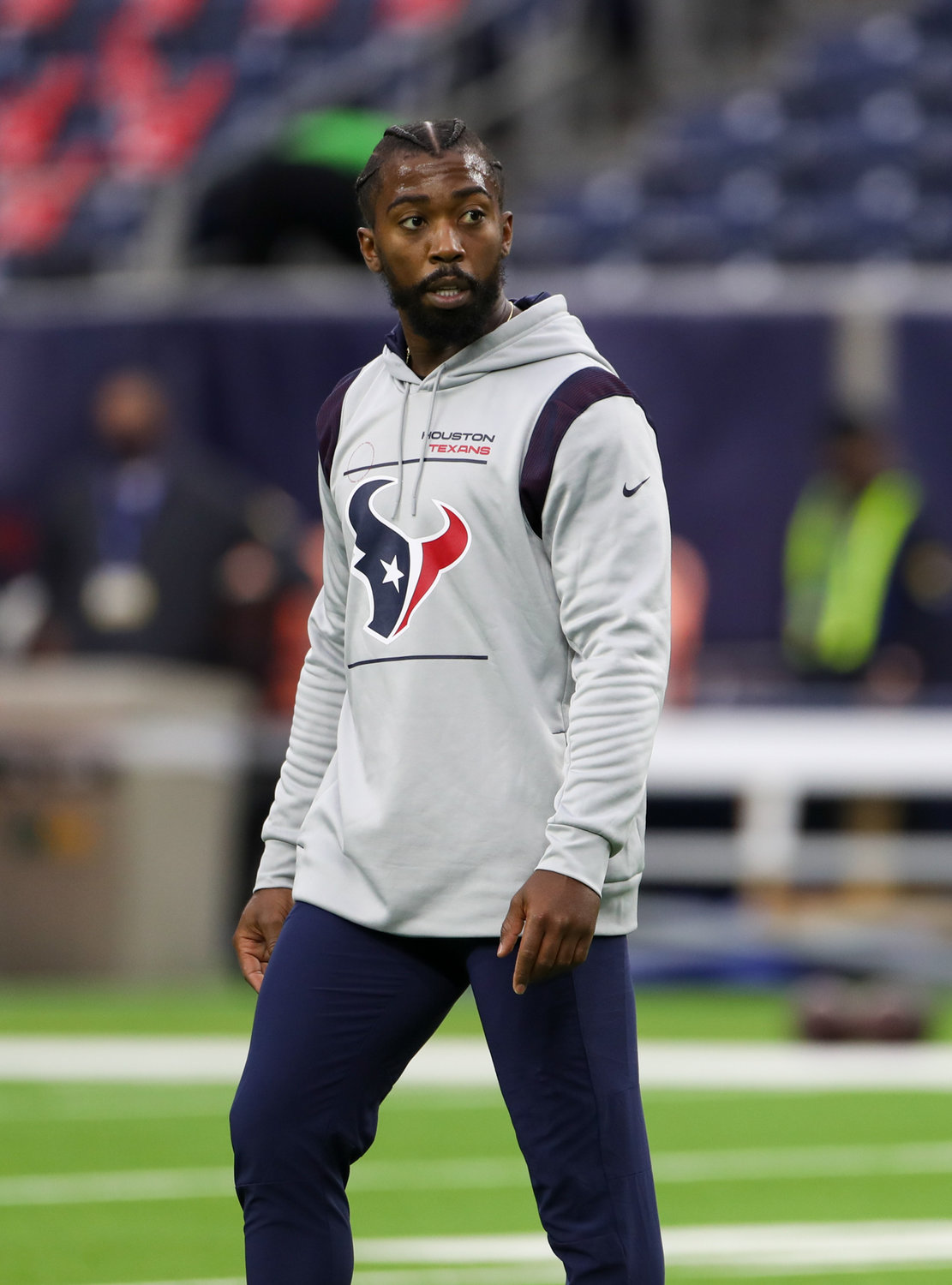 Houston Texans quarterback Tyrod Taylor (5) on the field before the start of an NFL game between the Houston Texans and the New York Jets on November 28, 2021 in Houston, Texas.
