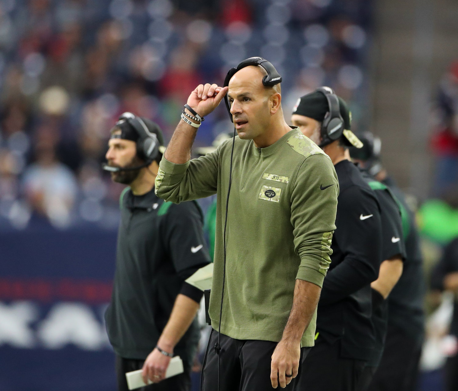 New York Jets head coach Robert Saleh during an NFL game between the Houston Texans and the New York Jets on November 28, 2021 in Houston, Texas. The Jets won, 21-14