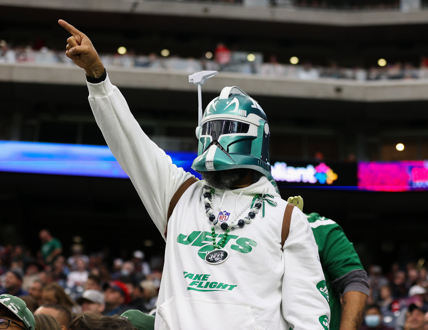 A New York Jets fan during an NFL game between the Houston Texans and the New York Jets on November 28, 2021 in Houston, Texas. The Jets won, 21-14