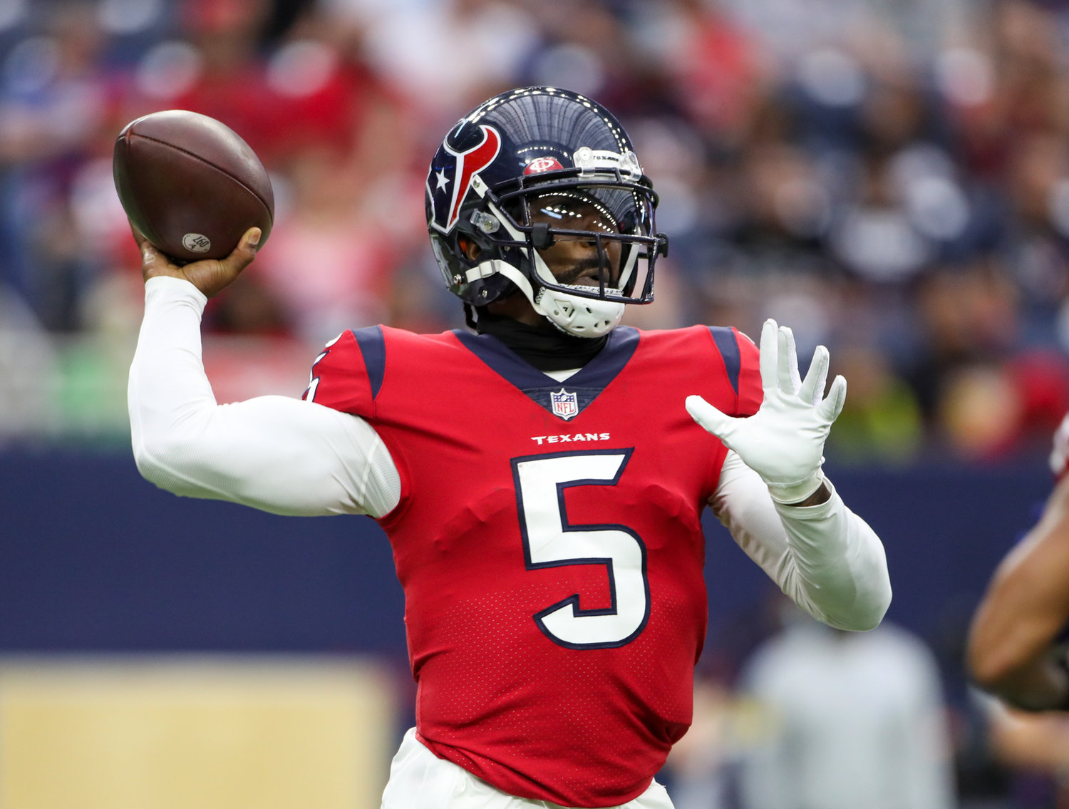Houston Texans quarterback Tyrod Taylor (5) looks to pass during an NFL game between the Texans and the Colts on December 5, 2021 in Houston, Texas.