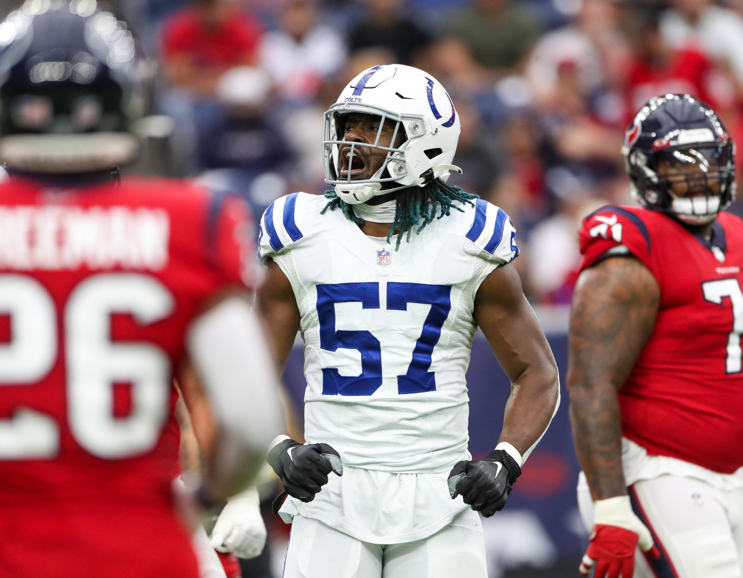 Indianapolis Colts defensive end Kemoko Turay (57) celebrates after a sack during an NFL game between the Texans and the Colts on December 5, 2021 in Houston, Texas.