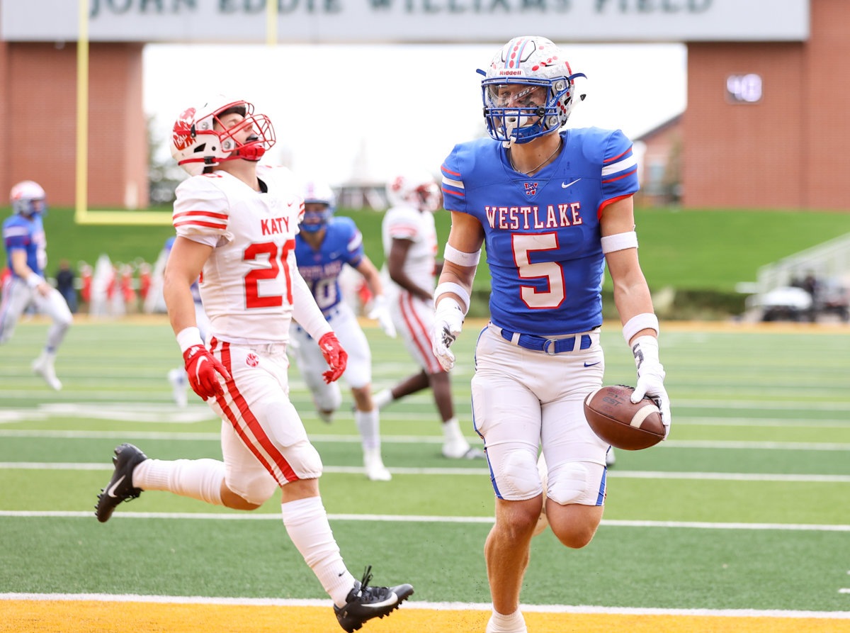 Westlake Chaparrals wide receiver Keaton Kubecka (5) scores on a touchdown reception during the Class 6A Division II state semifinal  game between Katy and Westlake on December 11, 2021 in Waco, Texas.