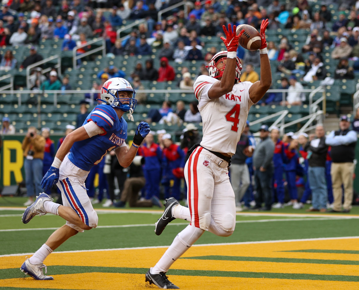 Katy Tigers wide receiver Nic Anderson (4) brings in a touchdown pass during the Class 6A Division II state semifinal  game between Katy and Westlake on December 11, 2021 in Waco, Texas.