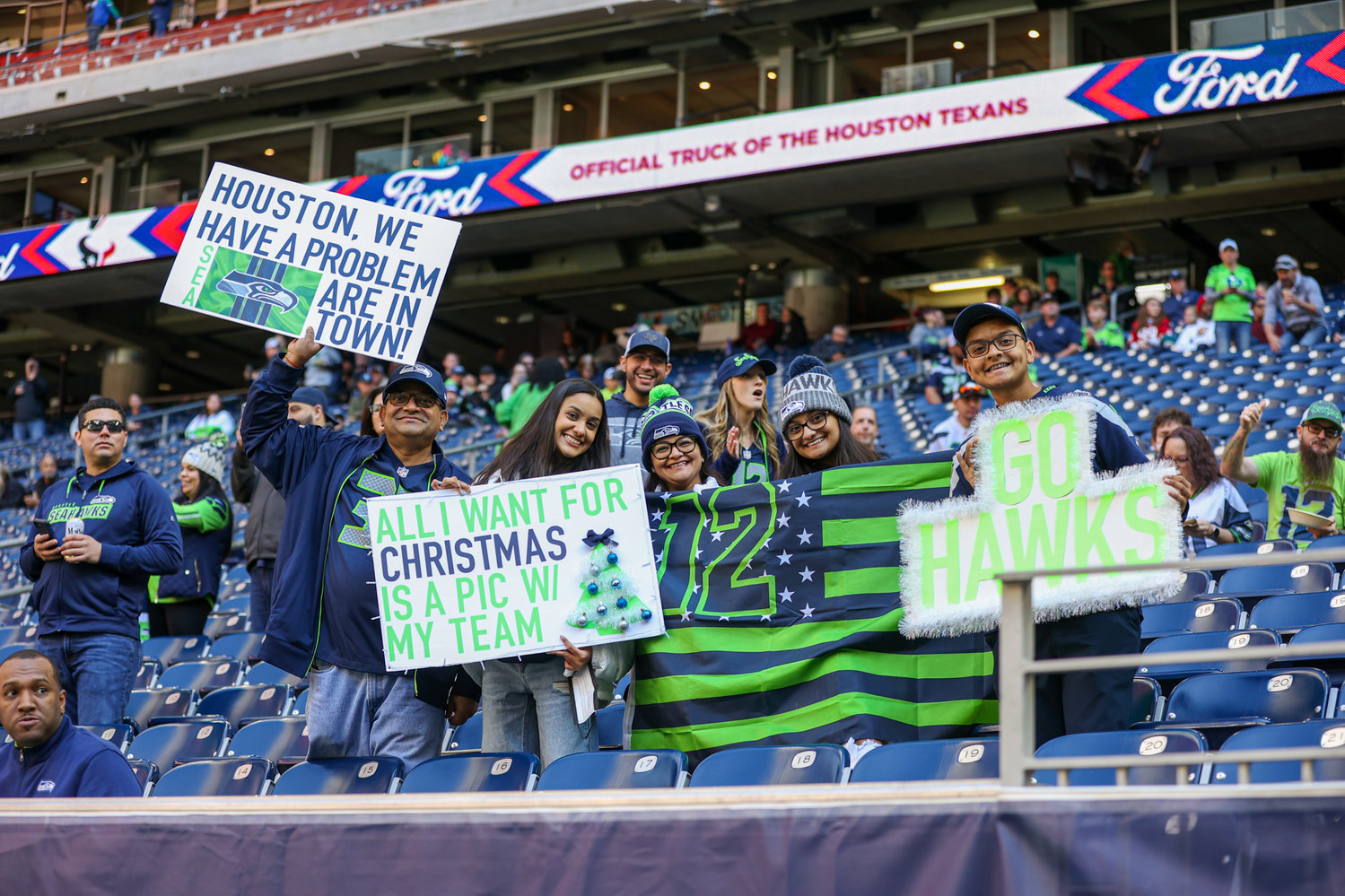 Seahawks fans outnumber Texans fans in the stadium before the start of an NFL game on December 12, 2021 in Houston, Texas.