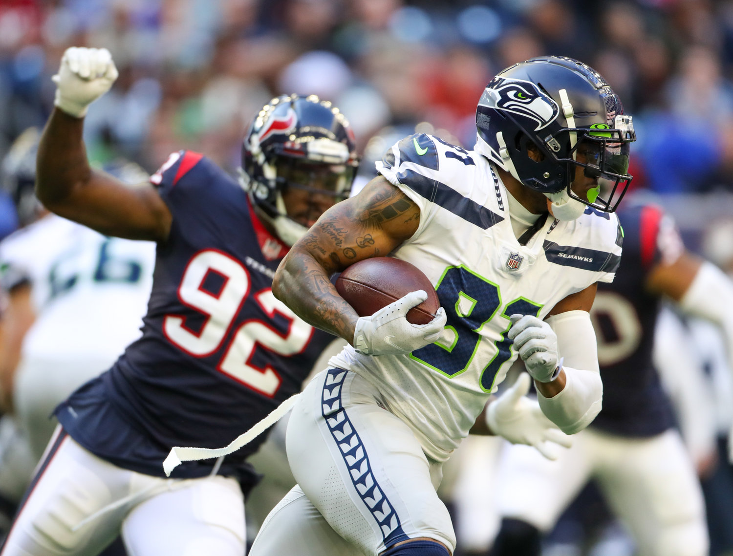 Seattle Seahawks tight end Gerald Everett (81) carries the ball during the second half of an NFL game between the Seahawks and the Texans on December 12, 2021 in Houston, Texas.