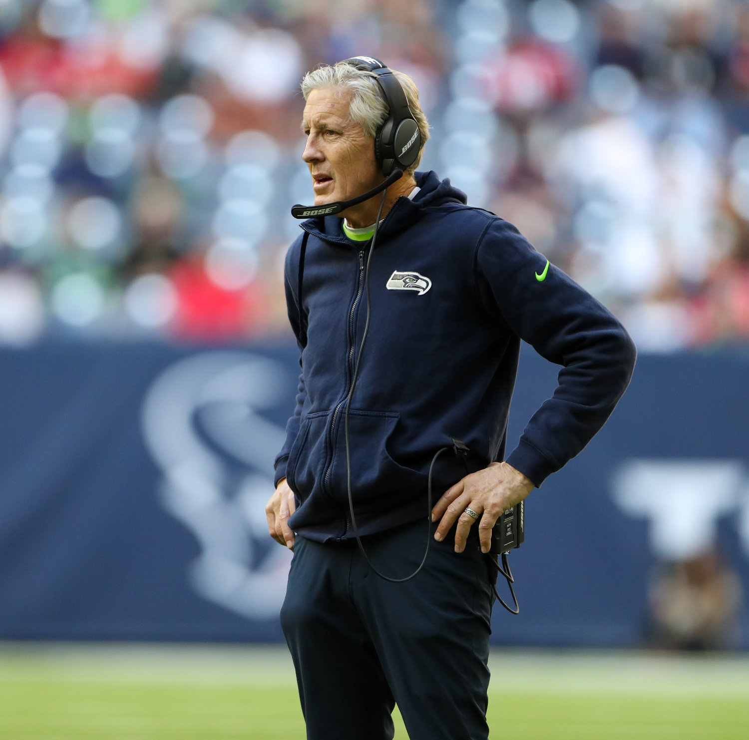 Seattle Seahawks head coach Pete Carroll looks on during the second half of an NFL game between the Seahawks and the Texans on December 12, 2021 in Houston, Texas.