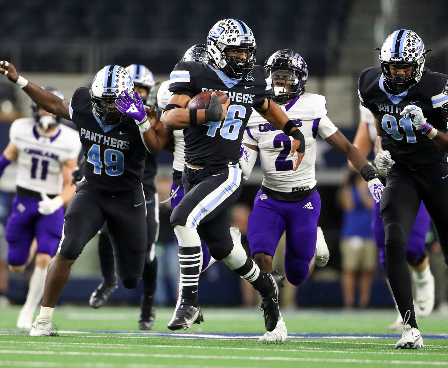 Paetow Panthers linebacker Alex Kilgore (46) returns a fumble during the Class 5A Division I state football championship game between Paetow and College Station on December 17, 2021 in Arlington, Texas.