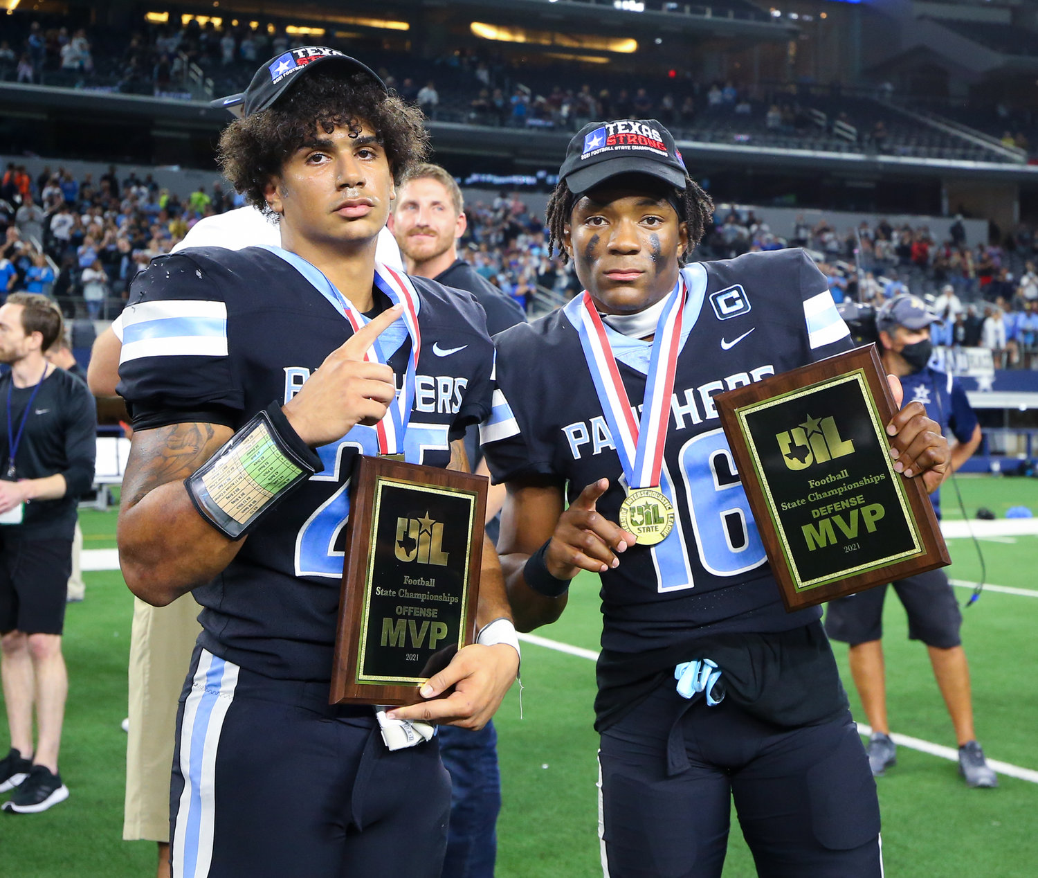 Kentrell Webb and Jacob Brown were named defensive and offensive MVPS in Paetow's a 27-24 win over College Station in the Class 5A Division I state football championship game on December 17, 2021 in Arlington, Texas.