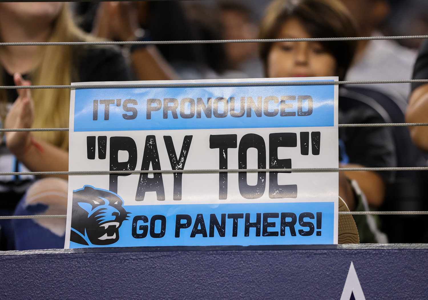 A sign near the Paetow Panthers student section during the Class 5A-Division I state football championship game between Paetow and College Station on December 17, 2021 in Arlington, Texas.