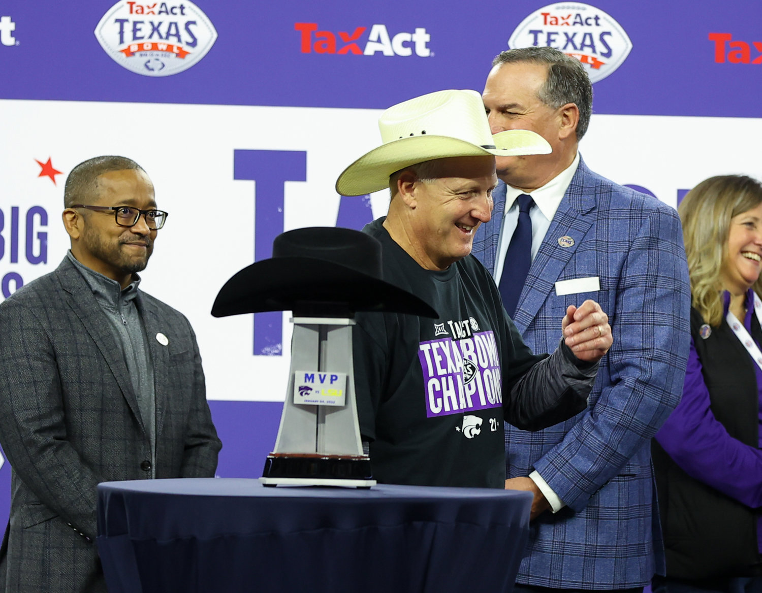 Kansas State Wildcats head coach Chris Klieman dons a cowboy hat following a 42-20 win over LSU in the TaxAct Texas Bowl on Jan. 4, 2022 in Houston, Texas.
