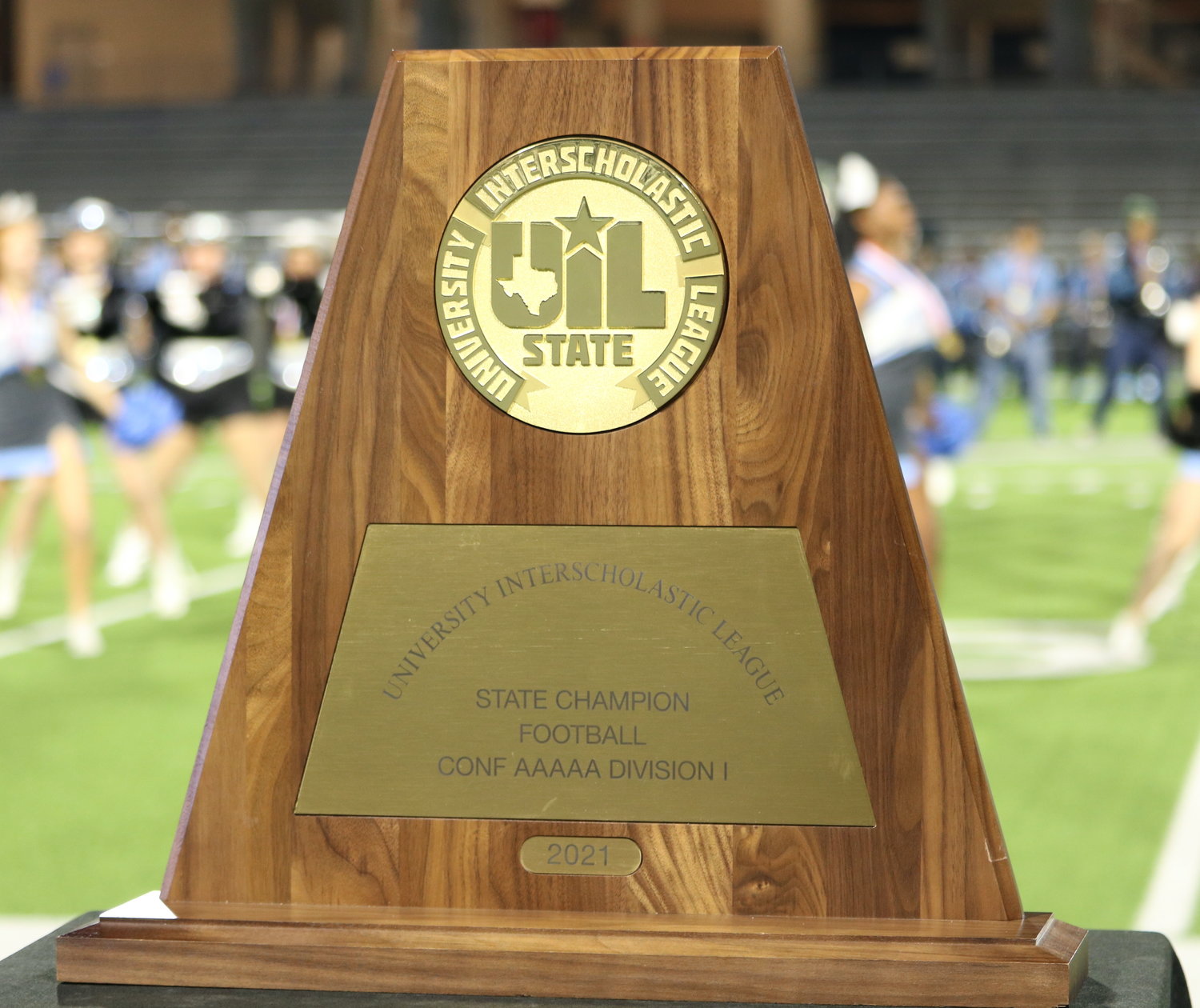 The UIL 2021 state championship trophy was on display during Wednesday's Paetow State Championship celebration at Legacy Stadium