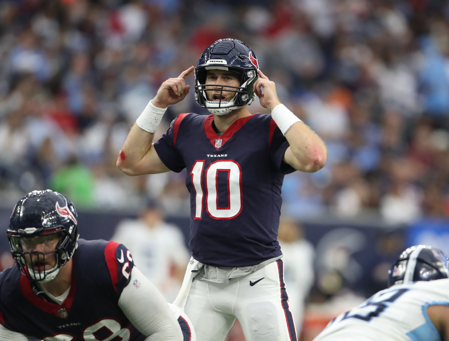 Houston Texans quarterback Davis Mills (10) during an NFL game between the Texans and the Titans on Jan. 9, 2022 in Houston, Texas. The Titans won, 28-25.