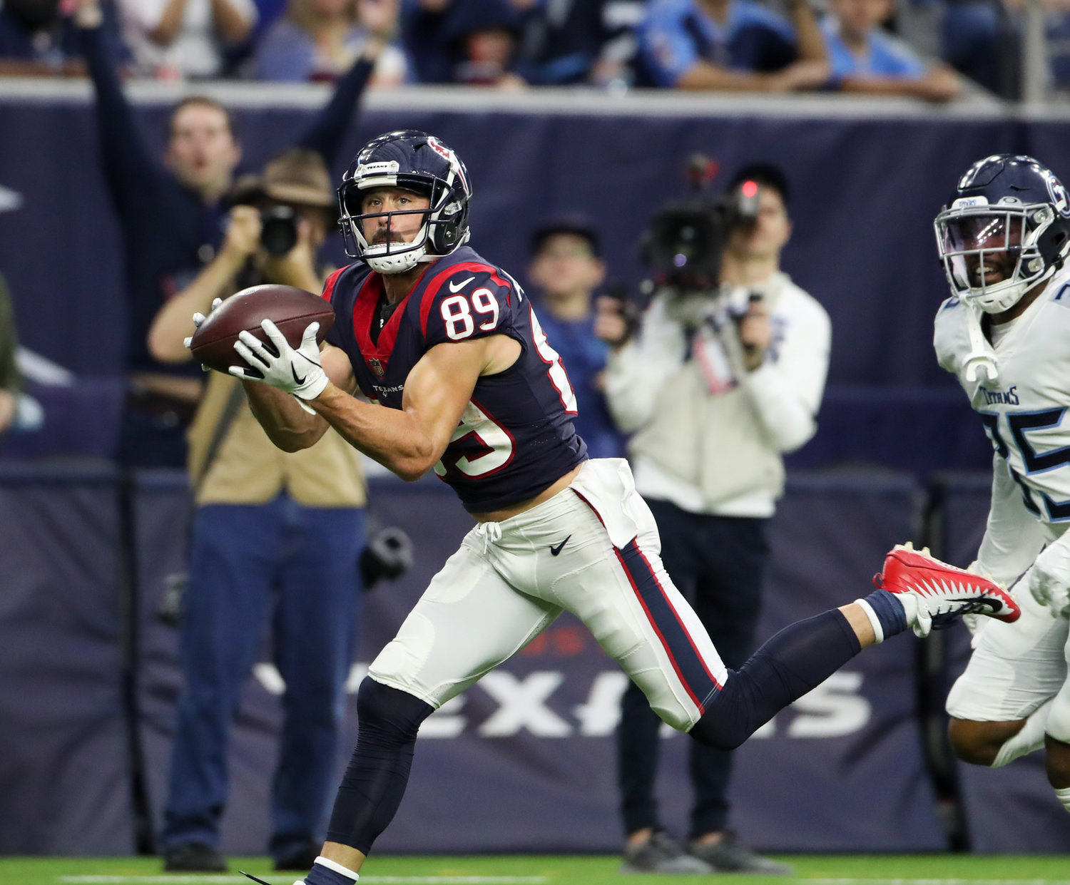 Houston Texans wide receiver Danny Amendola (89) brings in a 26-yard touchdown pass in the fourth quarter of an NFL game between the Texans and the Titans on Jan. 9, 2022 in Houston, Texas.