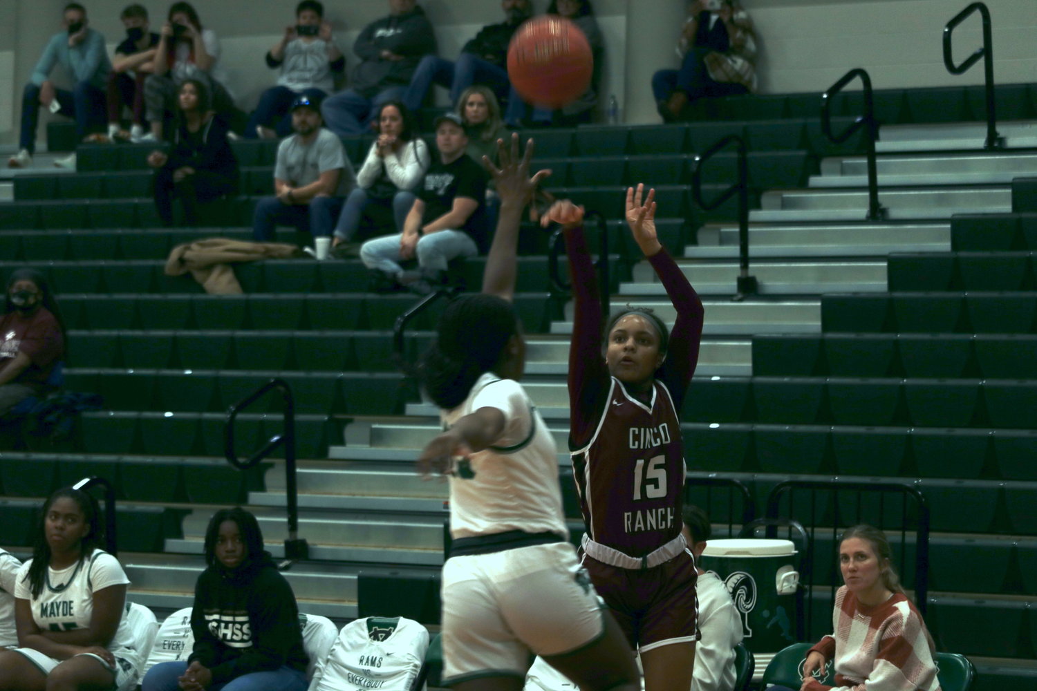 Cinco Ranch’s Danielle Williams shoots a floater during Friday’s District 19-6A game against Mayde Creek at the Mayde Creek gym.
