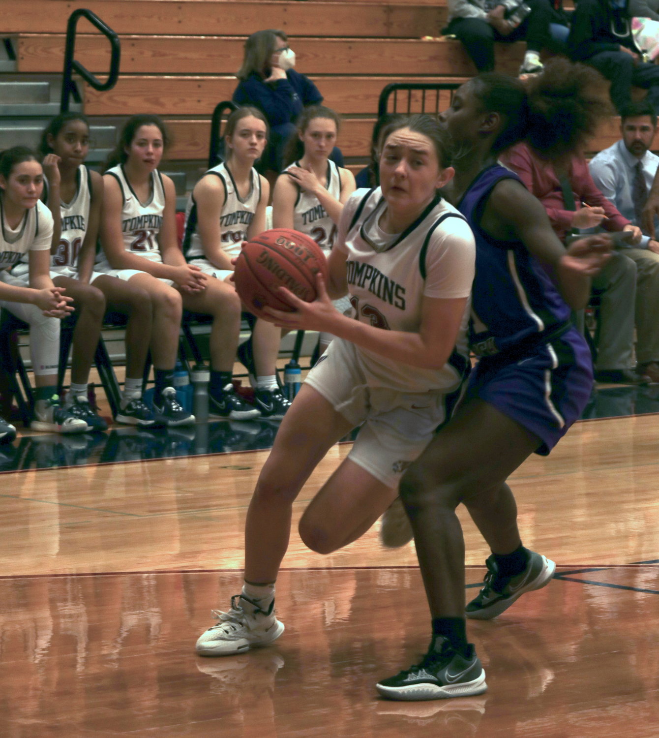 Tompkins Macy Spencer drives to the basket during Friday’s game against Morton Ranch at the Tompkins gym